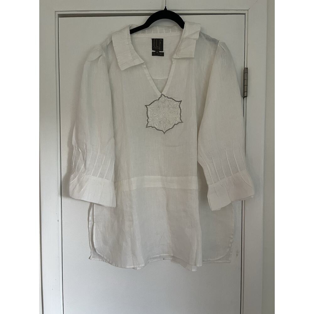 ELF by Dressline 100% Linen V-Neck White Blouse Tunic Ruffle Collared Size M